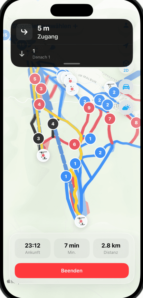 Skimap App — Turn-by-Turn-Navigation aktiv