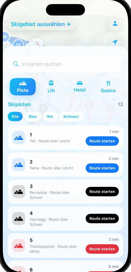 Skimap App — Pistenliste mit Route starten