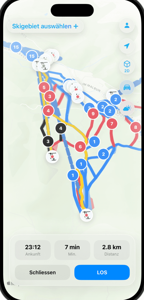Skimap App — Route mit LOS-Button